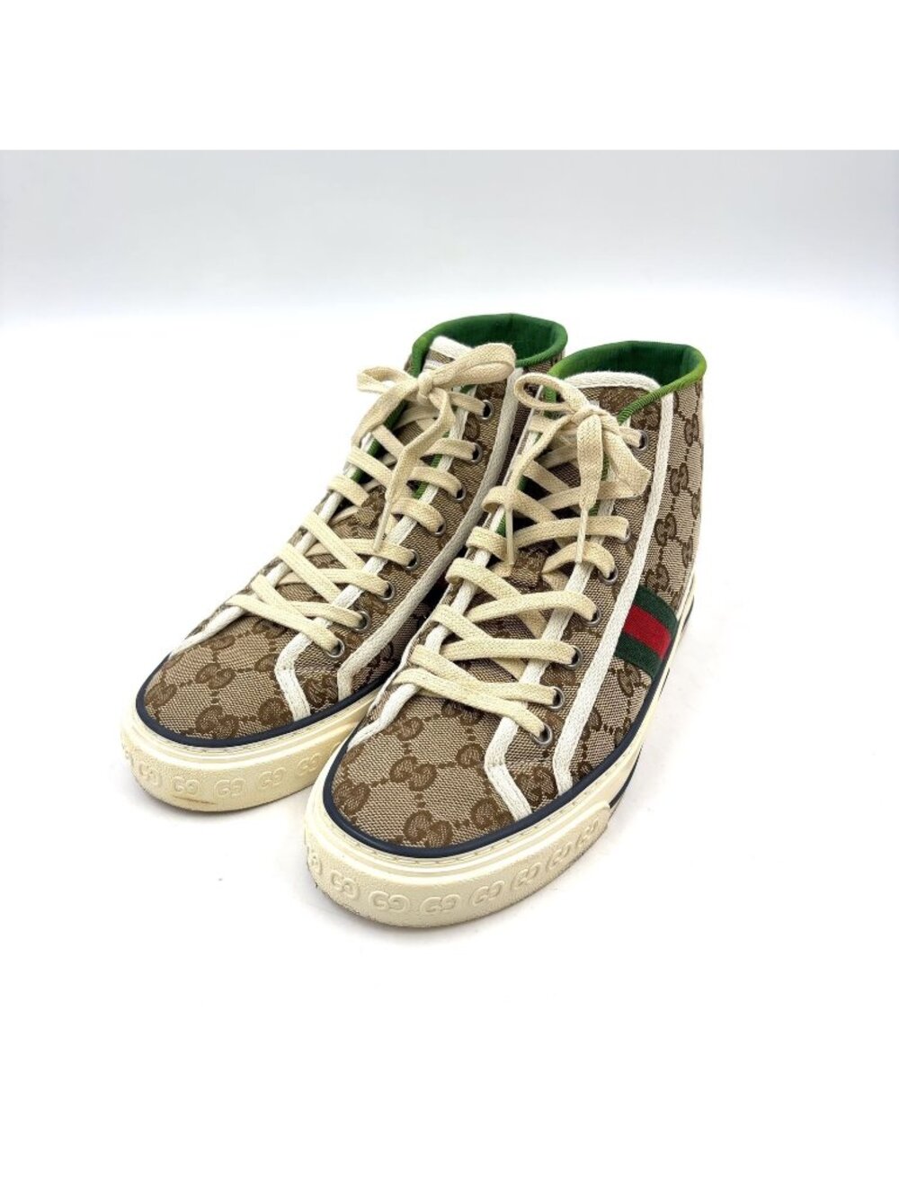 Gucci Tennis High Top Canvas Rubber Beige Sneakers Silver